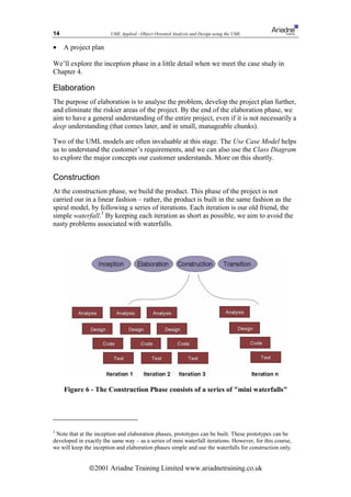 14                      UML Applied - Object Oriented Analysis and Design using the UML

•    A project plan

We’ll explore the inception phase in a little detail when we meet the case study in
Chapter 4.

Elaboration
The purpose of elaboration is to analyse the problem, develop the project plan further,
and eliminate the riskier areas of the project. By the end of the elaboration phase, we
aim to have a general understanding of the entire project, even if it is not necessarily a
deep understanding (that comes later, and in small, manageable chunks).

Two of the UML models are often invaluable at this stage. The Use Case Model helps
us to understand the customer’s requirements, and we can also use the Class Diagram
to explore the major concepts our customer understands. More on this shortly.

Construction
At the construction phase, we build the product. This phase of the project is not
carried our in a linear fashion – rather, the product is built in the same fashion as the
spiral model, by following a series of iterations. Each iteration is our old friend, the
simple waterfall.3 By keeping each iteration as short as possible, we aim to avoid the
nasty problems associated with waterfalls.




     Figure 6 - The Construction Phase consists of a series of mini waterfalls




3
 Note that at the inception and elaboration phases, prototypes can be built. These prototypes can be
developed in exactly the same way – as a series of mini waterfall iterations. However, for this course,
we will keep the inception and elaboration phases simple and use the waterfalls for construction only.


               ã2001 Ariadne Training Limited www.ariadnetraining.co.uk
 
