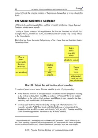 22                     UML Applied - Object Oriented Analysis and Design using the UML

instead of two), the potential impacts of these minor changes had to be investigated in
detail.7

The Object Orientated Approach
OO tries to lessen the impact of this problem by simply combining related data and
functions into the same module.

Looking at Figure 10 above, it is apparent that the data and functions are related. For
example, the add_student and expel_student functions are clearly very closely related
to the Student data.

The following figure shows the full grouping of the related data and functions, in the
form of modules:




               Figure 11 - Related data and functions placed in modules

A couple of points to note about this new modular system of programming:

•    More than one instance of a single module can exist when the program is running.
     In the college system, there would be an instance of Student for every student
     that belongs to the college. Each instance would have its own values for the data
     (certainly each would have a different name).

•    Modules can talk to other modules by calling each other's functions. For
     example, when the add function is called in Student, a new instance of the
     Student module would be created, and then the add_attendee function would be
     called from the appropriate instances of the Course module.



7
 This doesn't mean that I am implying that all non-OO Cobol systems are a load of rubbish, by the
way. There is nothing wrong with structured programming. My suggestion in this chapter is that OO
provides a method of building more robust software as our systems get larger and more complex.


              ã2001 Ariadne Training Limited www.ariadnetraining.co.uk
 