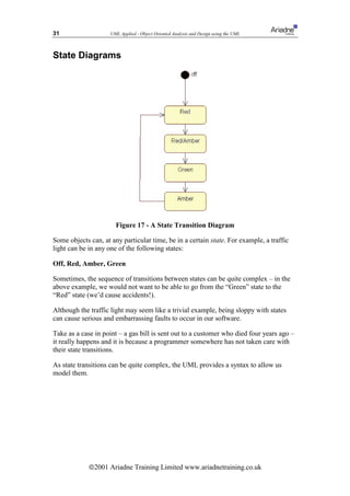 31                   UML Applied - Object Oriented Analysis and Design using the UML



State Diagrams




                       Figure 17 - A State Transition Diagram

Some objects can, at any particular time, be in a certain state. For example, a traffic
light can be in any one of the following states:

Off, Red, Amber, Green

Sometimes, the sequence of transitions between states can be quite complex – in the
above example, we would not want to be able to go from the “Green” state to the
“Red” state (we’d cause accidents!).

Although the traffic light may seem like a trivial example, being sloppy with states
can cause serious and embarrassing faults to occur in our software.

Take as a case in point – a gas bill is sent out to a customer who died four years ago –
it really happens and it is because a programmer somewhere has not taken care with
their state transitions.

As state transitions can be quite complex, the UML provides a syntax to allow us
model them.




             ã2001 Ariadne Training Limited www.ariadnetraining.co.uk
 