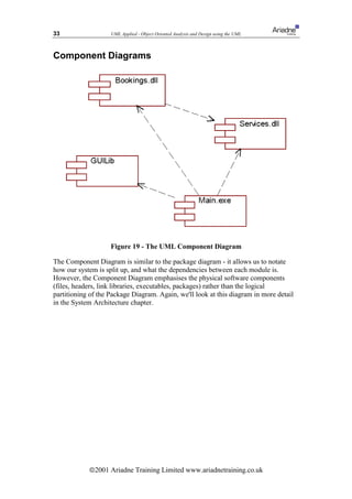 33                  UML Applied - Object Oriented Analysis and Design using the UML



Component Diagrams




                    Figure 19 - The UML Component Diagram

The Component Diagram is similar to the package diagram - it allows us to notate
how our system is split up, and what the dependencies between each module is.
However, the Component Diagram emphasises the physical software components
(files, headers, link libraries, executables, packages) rather than the logical
partitioning of the Package Diagram. Again, we'll look at this diagram in more detail
in the System Architecture chapter.




            ã2001 Ariadne Training Limited www.ariadnetraining.co.uk
 