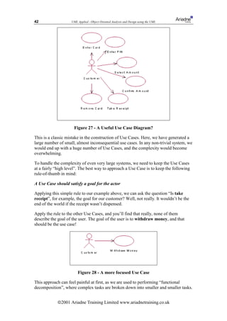42                  UML Applied - Object Oriented Analysis and Design using the UML




                      Figure 27 - A Useful Use Case Diagram?

This is a classic mistake in the construction of Use Cases. Here, we have generated a
large number of small, almost inconsequential use cases. In any non-trivial system, we
would end up with a huge number of Use Cases, and the complexity would become
overwhelming.

To handle the complexity of even very large systems, we need to keep the Use Cases
at a fairly “high level”. The best way to approach a Use Case is to keep the following
rule-of-thumb in mind:

A Use Case should satisfy a goal for the actor

Applying this simple rule to our example above, we can ask the question “Is take
receipt”, for example, the goal for our customer? Well, not really. It wouldn’t be the
end of the world if the receipt wasn’t dispensed.

Apply the rule to the other Use Cases, and you’ll find that really, none of them
describe the goal of the user. The goal of the user is to withdraw money, and that
should be the use case!




                        Figure 28 - A more focused Use Case

This approach can feel painful at first, as we are used to performing “functional
decomposition”, where complex tasks are broken down into smaller and smaller tasks.


            ã2001 Ariadne Training Limited www.ariadnetraining.co.uk
 