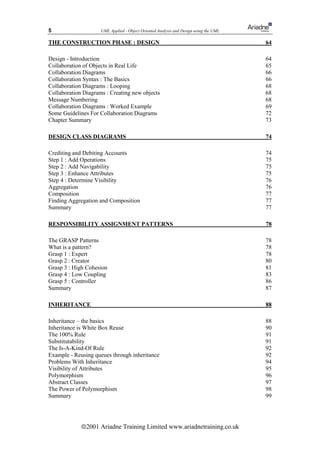 5                    UML Applied - Object Oriented Analysis and Design using the UML

THE CONSTRUCTION PHASE : DESIGN                                                        64

Design - Introduction                                                                  64
Collaboration of Objects in Real Life                                                  65
Collaboration Diagrams                                                                 66
Collaboration Syntax : The Basics                                                      66
Collaboration Diagrams : Looping                                                       68
Collaboration Diagrams : Creating new objects                                          68
Message Numbering                                                                      68
Collaboration Diagrams : Worked Example                                                69
Some Guidelines For Collaboration Diagrams                                             72
Chapter Summary                                                                        73

DESIGN CLASS DIAGRAMS                                                                  74

Crediting and Debiting Accounts                                                        74
Step 1 : Add Operations                                                                75
Step 2 : Add Navigability                                                              75
Step 3 : Enhance Attributes                                                            75
Step 4 : Determine Visibility                                                          76
Aggregation                                                                            76
Composition                                                                            77
Finding Aggregation and Composition                                                    77
Summary                                                                                77

RESPONSIBILITY ASSIGNMENT PATTERNS                                                     78

The GRASP Patterns                                                                     78
What is a pattern?                                                                     78
Grasp 1 : Expert                                                                       78
Grasp 2 : Creator                                                                      80
Grasp 3 : High Cohesion                                                                81
Grasp 4 : Low Coupling                                                                 83
Grasp 5 : Controller                                                                   86
Summary                                                                                87

INHERITANCE                                                                            88

Inheritance – the basics                                                               88
Inheritance is White Box Reuse                                                         90
The 100% Rule                                                                          91
Substitutability                                                                       91
The Is-A-Kind-Of Rule                                                                  92
Example - Reusing queues through inheritance                                           92
Problems With Inheritance                                                              94
Visibility of Attributes                                                               95
Polymorphism                                                                           96
Abstract Classes                                                                       97
The Power of Polymorphism                                                              98
Summary                                                                                99




             ã2001 Ariadne Training Limited www.ariadnetraining.co.uk
 