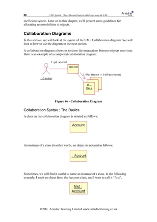 66                   UML Applied - Object Oriented Analysis and Design using the UML

inefficient system. Later on in this chapter, we’ll present some guidelines for
allocating responsibilities to objects.

Collaboration Diagrams
In this section, we will look at the syntax of the UML Collaboration diagram. We will
look at how to use the diagram in the next section.

A collaboration diagram allows us to show the interactions between objects over time.
Here is an example of a completed collaboration diagram:




                          Figure 46 - Collaboration Diagram

Collaboration Syntax : The Basics
A class on the collaboration diagram is notated as follows:




An instance of a class (in other words, an object) is notated as follows:




Sometimes, we will find it useful to name an instance of a class. In the following
example, I want an object from the Account class, and I want to call it “first”:




             ã2001 Ariadne Training Limited www.ariadnetraining.co.uk
 