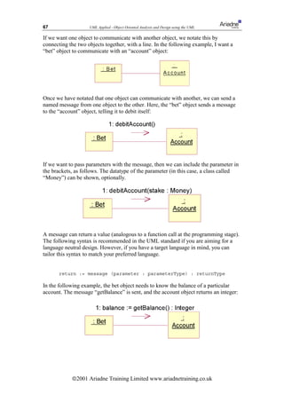 67                  UML Applied - Object Oriented Analysis and Design using the UML

If we want one object to communicate with another object, we notate this by
connecting the two objects together, with a line. In the following example, I want a
“bet” object to communicate with an “account” object:




Once we have notated that one object can communicate with another, we can send a
named message from one object to the other. Here, the “bet” object sends a message
to the “account” object, telling it to debit itself:




If we want to pass parameters with the message, then we can include the parameter in
the brackets, as follows. The datatype of the parameter (in this case, a class called
“Money”) can be shown, optionally.




A message can return a value (analogous to a function call at the programming stage).
The following syntax is recommended in the UML standard if you are aiming for a
language neutral design. However, if you have a target language in mind, you can
tailor this syntax to match your preferred language.


       return := message (parameter : parameterType) : returnType

In the following example, the bet object needs to know the balance of a particular
account. The message “getBalance” is sent, and the account object returns an integer:




            ã2001 Ariadne Training Limited www.ariadnetraining.co.uk
 