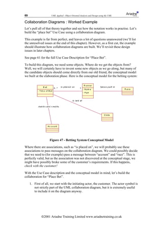 69                    UML Applied - Object Oriented Analysis and Design using the UML


Collaboration Diagrams : Worked Example
Let’s pull all of that theory together and see how the notation works in practise. Let’s
build the “place bet” Use Case using a collaboration diagram.

This example is far from perfect, and leaves a lot of questions unanswered (we’ll list
the unresolved issues at the end of this chapter). However, as a first cut, the example
should illustrate how collaboration diagrams are built. We’ll revisit these design
issues in later chapters.

See page 61 for the full Use Case Description for “Place Bet”.

To build this diagram, we need some objects. Where do we get the objects from?
Well, we will certainly have to invent some new objects as we go along, but many of
the candidate objects should come directly from our old friend, the conceptual model
we built at the elaboration phase. Here is the conceptual model for the betting system:




                    Figure 47 - Betting System Conceptual Model

Where there are associations, such as “is placed on”, we will probably use these
associations to pass messages on the collaboration diagram. We could possibly decide
that we need to (for example) pass a message between “account” and “race”. This is
perfectly valid, but as the association was not discovered at the conceptual stage, we
might have possibly broke some of the customer’s requirements. If this happens,
check with the customer!

With the Use Case description and the conceptual model in mind, let’s build the
collaboration for “Place Bet”.

     1. First of all, we start with the initiating actor, the customer. The actor symbol is
        not strictly part of the UML collaboration diagram, but it is extremely useful
        to include it on the diagram anyway.




              ã2001 Ariadne Training Limited www.ariadnetraining.co.uk
 