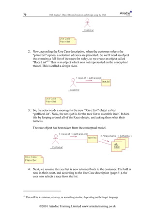 70                         UML Applied - Object Oriented Analysis and Design using the UML




       2. Now, according the Use Case description, when the customer selects the
          “place bet” option, a selection of races are presented. So we’ll need an object
          that contains a full list of the races for today, so we create an object called
          “Race List”13 This is an object which was not represented on the conceptual
          model. This is called a design class.




       3. So, the actor sends a message to the new “Race List” object called
          “getRaceList”. Now, the next job is for the race list to assemble itself. It does
          this by looping around all of the Race objects, and asking them what their
          name is.

           The race object has been taken from the conceptual model.




       4. Next, we assume the race list is now returned back to the customer. The ball is
          now in their court, and according to the Use Case description (page 61), the
          user now selects a race from the list.




13
     This will be a container, or array, or something similar, depending on the target language


                  ã2001 Ariadne Training Limited www.ariadnetraining.co.uk
 