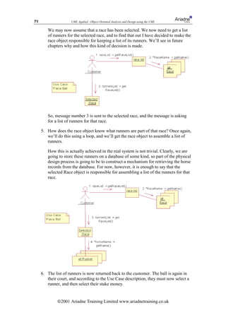 71                   UML Applied - Object Oriented Analysis and Design using the UML

        We may now assume that a race has been selected. We now need to get a list
        of runners for the selected race, and to find that out I have decided to make the
        race object responsible for keeping a list of its runners. We’ll see in future
        chapters why and how this kind of decision is made.




        So, message number 3 is sent to the selected race, and the message is asking
        for a list of runners for that race.

     5. How does the race object know what runners are part of that race? Once again,
        we’ll do this using a loop, and we’ll get the race object to assemble a list of
        runners.

        How this is actually achieved in the real system is not trivial. Clearly, we are
        going to store these runners on a database of some kind, so part of the physical
        design process is going to be to construct a mechanism for retrieving the horse
        records from the database. For now, however, it is enough to say that the
        selected Race object is responsible for assembling a list of the runners for that
        race.




     6. The list of runners is now returned back to the customer. The ball is again in
        their court, and according to the Use Case description, they must now select a
        runner, and then select their stake money.


             ã2001 Ariadne Training Limited www.ariadnetraining.co.uk
 