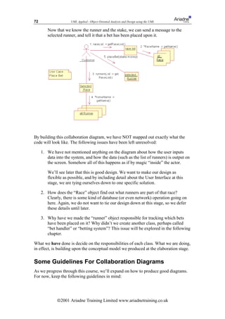 72                    UML Applied - Object Oriented Analysis and Design using the UML

        Now that we know the runner and the stake, we can send a message to the
        selected runner, and tell it that a bet has been placed upon it.




By building this collaboration diagram, we have NOT mapped out exactly what the
code will look like. The following issues have been left unresolved:

     1. We have not mentioned anything on the diagram about how the user inputs
        data into the system, and how the data (such as the list of runners) is output on
        the screen. Somehow all of this happens as if by magic “inside” the actor.

        We’ll see later that this is good design. We want to make our design as
        flexible as possible, and by including detail about the User Interface at this
        stage, we are tying ourselves down to one specific solution.

     2. How does the “Race” object find out what runners are part of that race?
        Clearly, there is some kind of database (or even network) operation going on
        here. Again, we do not want to tie our design down at this stage, so we defer
        these details until later.

     3. Why have we made the “runner” object responsible for tracking which bets
        have been placed on it? Why didn’t we create another class, perhaps called
        “bet handler” or “betting system”? This issue will be explored in the following
        chapter.

What we have done is decide on the responsibilities of each class. What we are doing,
in effect, is building upon the conceptual model we produced at the elaboration stage.

Some Guidelines For Collaboration Diagrams
As we progress through this course, we’ll expand on how to produce good diagrams.
For now, keep the following guidelines in mind:




              ã2001 Ariadne Training Limited www.ariadnetraining.co.uk
 