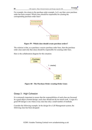 81                   UML Applied - Object Oriented Analysis and Design using the UML

For example, lets return to the purchase order example. Let’s say that a new purchase
order has been created. Which class should be responsible for creating the
corresponding purchase order lines?




              Figure 59 - Which class should create purchase orders?

The solution is that, as a purchase contains purchase order lines, then the purchase
order class (and only that class) should be responsible for creating order lines.

Here is the collaboration diagram for this situation:




               Figure 60 - The Purchase Order creating Order Lines




Grasp 3 : High Cohesion
It is extremely important to ensure that the responsibilities of each class are focussed.
In a good object oriented design, each class should not do too much work. A sign of a
good OO design is one where every class has only a small number of methods.

Consider the following example. In the design for a Lift Management system, the
following class has been designed:




             ã2001 Ariadne Training Limited www.ariadnetraining.co.uk
 
