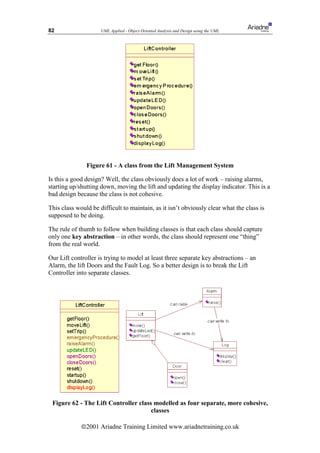 82                   UML Applied - Object Oriented Analysis and Design using the UML




               Figure 61 - A class from the Lift Management System

Is this a good design? Well, the class obviously does a lot of work – raising alarms,
starting up/shutting down, moving the lift and updating the display indicator. This is a
bad design because the class is not cohesive.

This class would be difficult to maintain, as it isn’t obviously clear what the class is
supposed to be doing.

The rule of thumb to follow when building classes is that each class should capture
only one key abstraction – in other words, the class should represent one “thing”
from the real world.

Our Lift controller is trying to model at least three separate key abstractions – an
Alarm, the lift Doors and the Fault Log. So a better design is to break the Lift
Controller into separate classes.




 Figure 62 - The Lift Controller class modelled as four separate, more cohesive,
                                      classes

             ã2001 Ariadne Training Limited www.ariadnetraining.co.uk
 