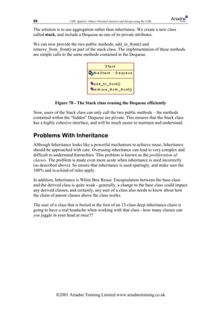 94                   UML Applied - Object Oriented Analysis and Design using the UML

The solution is to use aggregation rather than inheritance. We create a new class
called stack, and include a Dequeue as one of its private attributes.

We can now provide the two public methods, add_to_front() and
remove_from_front() as part of the stack class. The implementation of these methods
are simple calls to the same methods contained in the Dequeue.




            Figure 78 - The Stack class reusing the Dequeue efficiently

Now, users of the Stack class can only call the two public methods – the methods
contained within the “hidden” Dequeue are private. This ensures that the Stack class
has a highly cohesive interface, and will be much easier to maintain and understand.

Problems With Inheritance
Although Inheritance looks like a powerful mechanism to achieve reuse, Inheritance
should be approached with care. Overusing inheritance can lead to very complex and
difficult to understand hierarchies. This problem is known as the proliferation of
classes. The problem is made even more acute when inheritance is used incorrectly
(as described above). So ensure that inheritance is used sparingly, and make sure the
100% and is-a-kind-of rules apply.

In addition, Inheritance is White Box Reuse. Encapsulation between the base class
and the derived class is quite weak - generally, a change to the base class could impact
any derived classes, and certainly, any user of a class also needs to know about how
the chain of parent classes above the class works.

The user of a class that is buried at the foot of an 13-class deep inheritance chain is
going to have a real headache when working with that class - how many classes can
you juggle in your head at once??




             ã2001 Ariadne Training Limited www.ariadnetraining.co.uk
 