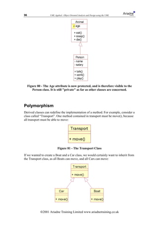 96                    UML Applied - Object Oriented Analysis and Design using the UML




     Figure 80 - The Age attribute is now protected, and is therefore visible to the
        Person class. It is still private as far as other classes are concerned.




Polymorphism
Derived classes can redefine the implementation of a method. For example, consider a
class called “Transport”. One method contained in transport must be move(), because
all transport must be able to move:




                             Figure 81 - The Transport Class

If we wanted to create a Boat and a Car class, we would certainly want to inherit from
the Transport class, as all Boats can move, and all Cars can move:




              ã2001 Ariadne Training Limited www.ariadnetraining.co.uk
 