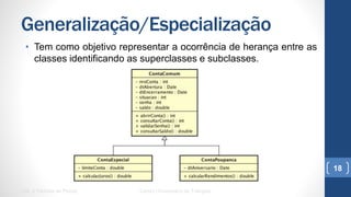 Generalização/Especialização
•  Tem como objetivo representar a ocorrência de herança entre as
classes identificando as superclasses e subclasses.
UML e Padrões de Projeto Centro Universitário do Triângulo
18
 