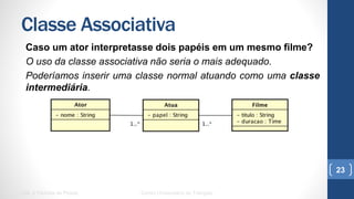 Classe Associativa
Caso um ator interpretasse dois papéis em um mesmo filme?
O uso da classe associativa não seria o mais adequado.
Poderíamos inserir uma classe normal atuando como uma classe
intermediária.
UML e Padrões de Projeto Centro Universitário do Triângulo
23
 