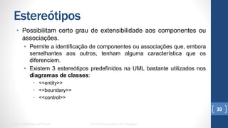 Estereótipos
•  Possibilitam certo grau de extensibilidade aos componentes ou
associações.
•  Permite a identificação de componentes ou associações que, embora
semelhantes aos outros, tenham alguma característica que os
diferenciem.
•  Existem 3 estereótipos predefinidos na UML bastante utilizados nos
diagramas de classes:
•  <<entity>>
•  <<boundary>>
•  <<control>>
UML e Padrões de Projeto Centro Universitário do Triângulo
30
 