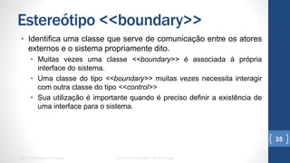 Estereótipo <<boundary>>
•  Identifica uma classe que serve de comunicação entre os atores
externos e o sistema propriamente dito.
•  Muitas vezes uma classe <<boundary>> é associada à própria interface
do sistema.
•  Uma classe do tipo <<boundary>> muitas vezes necessita interagir com
outra classe do tipo <<control>>
•  Sua utilização é importante quando é preciso definir a existência de uma
interface para o sistema.
UML e Padrões de Projeto Centro Universitário do Triângulo
35
 