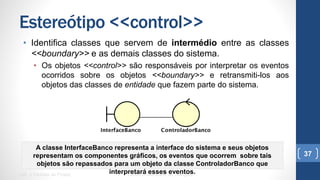 Estereótipo <<control>>
•  Identifica classes que servem de intermédio entre as classes
<<boundary>> e as demais classes do sistema.
•  Os objetos <<control>> são responsáveis por interpretar os eventos
ocorridos sobre os objetos <<boundary>> e retransmiti-los aos objetos
das classes de entidade que fazem parte do sistema.
UML e Padrões de Projeto Centro Universitário do Triângulo
37
A classe InterfaceBanco representa a interface do sistema e seus objetos representam os
componentes gráficos, os eventos que ocorrem sobre tais objetos são repassados para
um objeto da classe ControladorBanco que interpretará esses eventos.
 