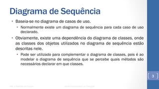 Diagrama de Sequência
•  Baseia-se no diagrama de casos de uso.
•  Normalmente existe um diagrama de sequência para cada caso de uso
declarado.
•  Obviamente, existe uma dependência do diagrama de classes, onde
as classes dos objetos utilizados no diagrama de sequência estão
descritas nele.
•  Pode ser utilizado para complementar o diagrama de classes, pois é ao
modelar o diagrama de sequência que se percebe quais métodos são
necessários declarar em que classes.
UML e Padrões de Projeto Centro Universitário do Triângulo
3
 