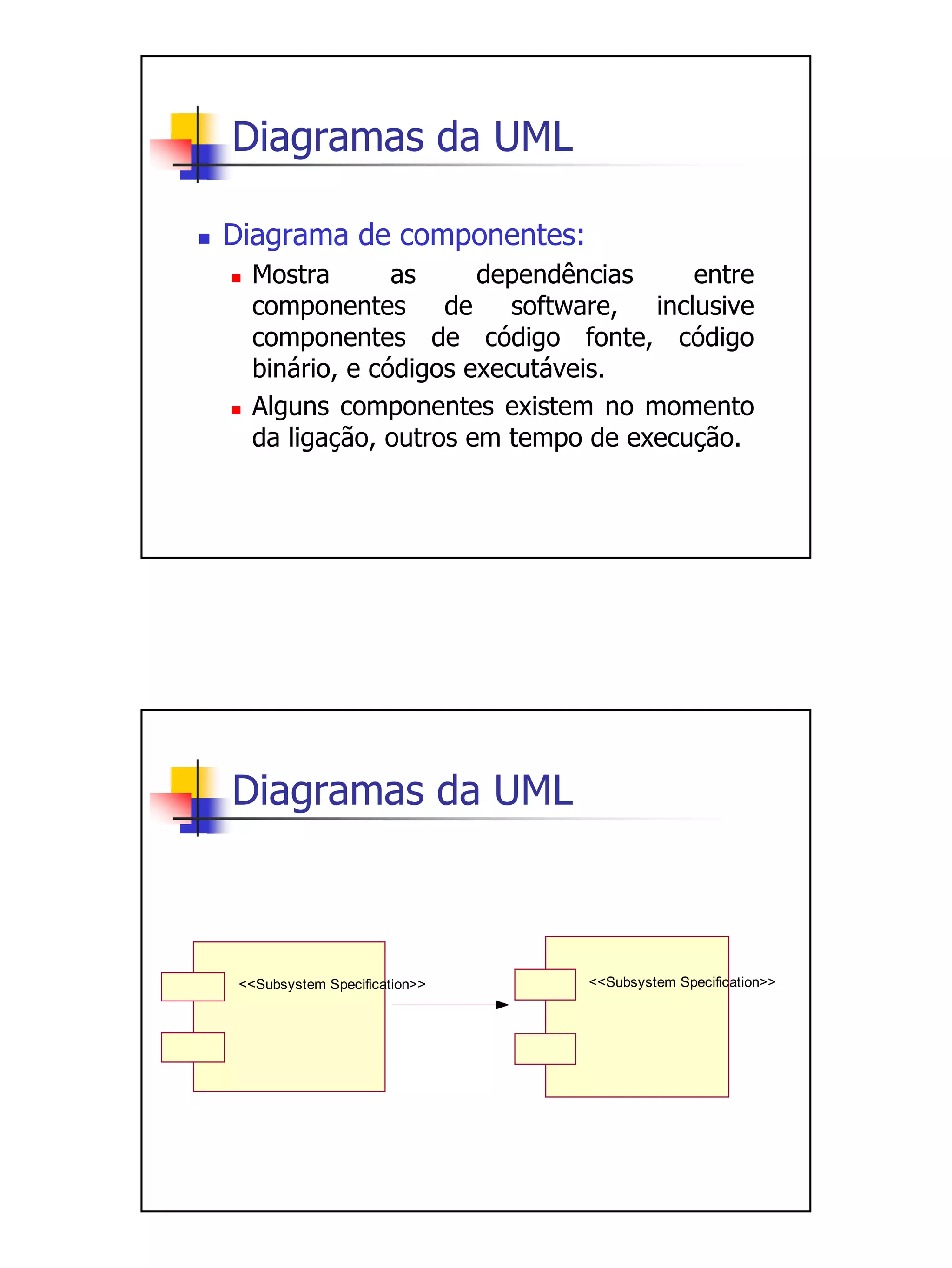 Diagramas da UML

Diagrama de componentes:
  Mostra       as     dependências    entre
  componentes de software, inclusive
  componentes de código fonte, código
  binário, e códigos executáveis.
  Alguns componentes existem no momento
  da ligação, outros em tempo de execução.




Diagramas da UML



 <<Subsystem Specification>>   <<Subsystem Specification>>
 