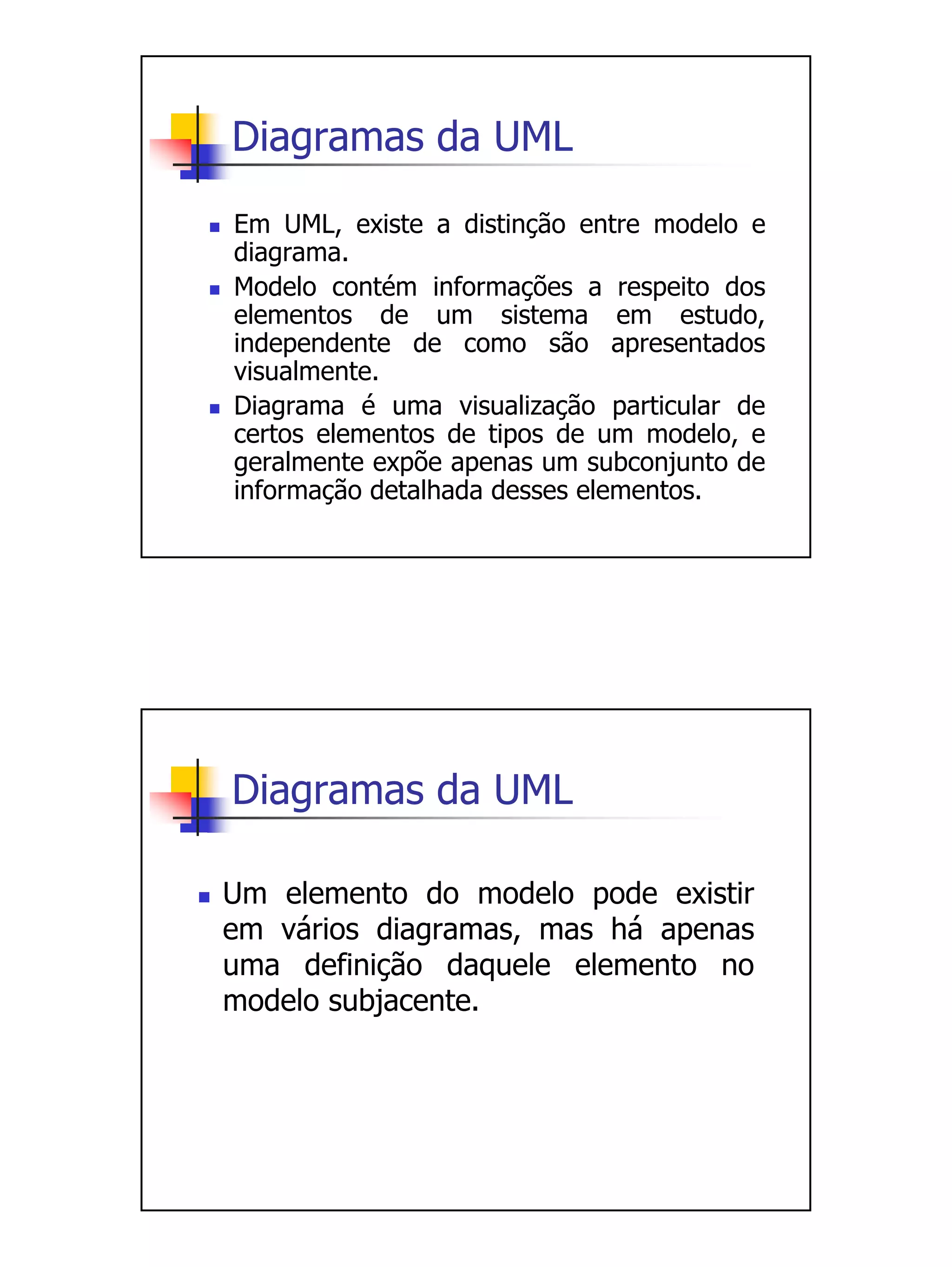 Diagramas da UML

Em UML, existe a distinção entre modelo e
diagrama.
Modelo contém informações a respeito dos
elementos de um sistema em estudo,
independente de como são apresentados
visualmente.
Diagrama é uma visualização particular de
certos elementos de tipos de um modelo, e
geralmente expõe apenas um subconjunto de
informação detalhada desses elementos.




Diagramas da UML

Um elemento do modelo pode existir
em vários diagramas, mas há apenas
uma definição daquele elemento no
modelo subjacente.
 