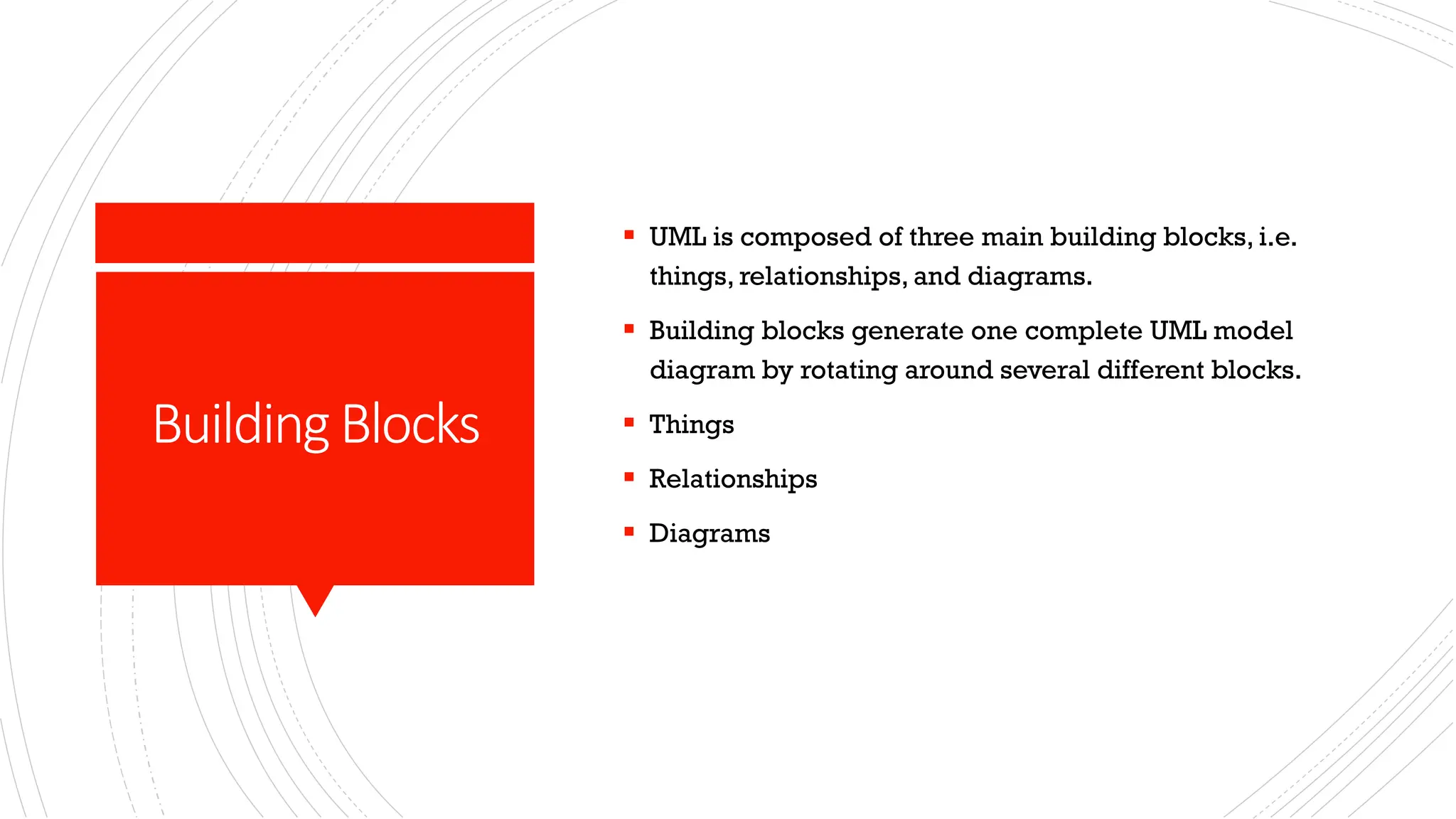 BuildingBlocks ▪ UML is composed of three main building blocks, i.e. things, relationships, and diagrams. ▪ Building blocks generate one complete UML model diagram by rotating around several different blocks. ▪ Things ▪ Relationships ▪ Diagrams 