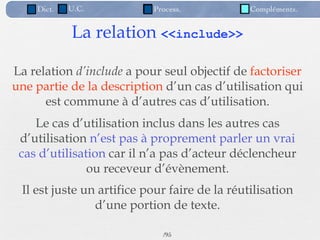 Dict.   U.C.           Process.            Compléments.


            La relation <<include>>

La relation d’include a pour seul objectif de factoriser
une partie de la description d’un cas d’utilisation qui
      est commune à d’autres cas d’utilisation.
    Le cas d’utilisation inclus dans les autres cas
 d’utilisation n’est pas à proprement parler un vrai
 cas d’utilisation car il n’a pas d’acteur déclencheur
               ou receveur d’évènement.
 Il est juste un artifice pour faire de la réutilisation
                d’une portion de texte.

                             /95
 