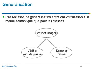 Généralisation

   L'association de généralisation entre cas d'utilisation a la
    même sémantique que pour les classes


                          Valider usager




                  Vérifier              Scanner
                mot de passe             rétine


                                                         86
 