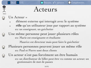 Dict.     U.C.              Process.   ✓1. acteurs   Compléments.



Client
                              Acteurs
         Un Acteur =
         ‣        élément externe qui interagit avec le système
         ‣        rôle qu’un utilisateur joue par rapport au système
              ex: un enseignant, un guichetier
         Une même personne peut jouer plusieurs rôles
              ex: Marie est enseignante et étudiante
                  Maurice est directeur mais peut faire le guichetier
         Plusieurs personnes peuvent jouer un même rôle
              ex: Paul et Pierre sont deux clients
         Un acteur n’est pas forcément un être humain
              ex: un distributeur de billet peut être vu comme un acteur; un
                gestionnaire de mot de passes
                                       18 /95
 