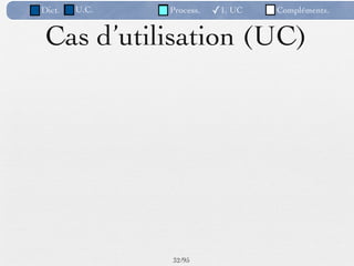 Dict.   U.C.   Process.   ✓1. UC   Compléments.


 Cas d’utilisation (UC)




               32 /95
 