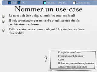 Dict.   U.C.                Process.     ✓2. UC           Compléments.


    Nommer un use-case
Le nom doit être unique, intuitif et auto-explicatif
Il doit commencer par un verbe et utiliser une simple
combinaison verbe-nom
Déﬁnir clairement et sans ambiguïté le gain des résultats
observables




                                         Enregistrer des Cours



                           ?
                                         Enregistrement de cours
                                         Cours
                                         Utiliser le système d’enregistrement
                                         Accuser réception des cours
                              35 /95
 