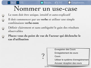 Dict.   U.C.                Process.     ✓2. UC           Compléments.


    Nommer un use-case
Le nom doit être unique, intuitif et auto-explicatif
Il doit commencer par un verbe et utiliser une simple
combinaison verbe-nom
Déﬁnir clairement et sans ambiguïté le gain des résultats
observables
Placez vous du point de vue de l'acteur qui déclenche le
cas d'utilisation


                                         Enregistrer des Cours



                           ?
                                         Enregistrement de cours
                                         Cours
                                         Utiliser le système d’enregistrement
                                         Accuser réception des cours
                              35 /95
 