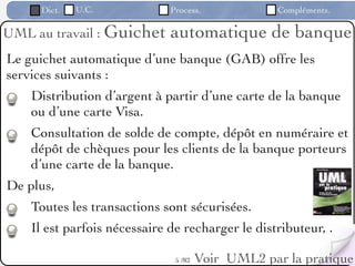Dict.   U.C.             Process.              Compléments.

UML au travail : Guichet      automatique de banque
Le guichet automatique d’une banque (GAB) offre les
services suivants :
    Distribution d’argent à partir d’une carte de la banque
    ou d’une carte Visa.
    Consultation de solde de compte, dépôt en numéraire et
    dépôt de chèques pour les clients de la banque porteurs
    d’une carte de la banque.
De plus,
    Toutes les transactions sont sécurisées.
    Il est parfois nécessaire de recharger le distributeur, .

                               5 /82   Voir UML2 par la pratique
 