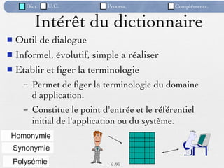 Dict.    U.C.          Process.           Compléments.


          Intérêt du dictionnaire
 Outil de dialogue
 Informel, évolutif, simple a réaliser

 Etablir et ﬁger la terminologie
      –   Permet de ﬁger la terminologie du domaine
          d'application.
      –   Constitue le point d'entrée et le référentiel
          initial de l'application ou du système.
 Homonymie
    Synonymie
    Polysémie                  6 /95
 