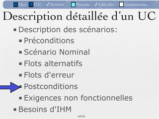 Dict.   U.C.   ✓Système   Process.   ✓4.détailler   Compléments.


Description détaillée d’un UC
 ■ Description des scénarios:
   ■ Préconditions
   ■ Scénario Nominal
   ■ Flots alternatifs
   ■ Flots d'erreur
   ■ Postconditions
   ■ Exigences non fonctionnelles
 ■ Besoins d'IHM
                             69 /95
 