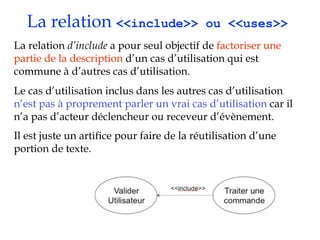 La relation <<include>>                  ou <<uses>>
La relation d’include a pour seul objectif de factoriser une
partie de la description d’un cas d’utilisation qui est
commune à d’autres cas d’utilisation.
Le cas d’utilisation inclus dans les autres cas d’utilisation
n’est pas à proprement parler un vrai cas d’utilisation car il
n’a pas d’acteur déclencheur ou receveur d’évènement.
Il est juste un artifice pour faire de la réutilisation d’une
portion de texte.
 