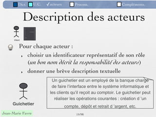 Dict.      U.C.   ✓acteurs        Process.                   Compléments.


               Description des acteurs
      Client


           Pour chaque acteur :
               ‣   choisir un identiﬁcateur représentatif de son rôle
                   (un bon nom décrit la responsabilité des acteurs)
               ‣   donner une brève description textuelle
                              Un guichetier est un employé de la banque chargé
                              de faire l’interface entre le système informatique et
                             les clients qu’il reçoit au comptoir. Le guichetier peut
                               réaliser les opérations courantes : création d ’un
     Guichetier
                                       compte, dépôt et retrait d ’argent, etc.
Jean-Marie Favre                             19 /98
 