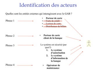 Identification des acteurs
Quelles sont les entités externes qui interagissent avec le GAB ?
                                     •     Porteur de carte
Phrase 1                             •     Carte de crédit
                                     •     Lecteur de carte
                                     •     Distributeur de billets



Phrase 2                         •       Porteur de carte
                                         client de la banque


Phrase 3                          Le système est sécurisé (par
                                       quoi?)
                                        1. Le système
                                             d’autorisation
                                        2. Le système
                                             d’information de
                                             la banque
Phrase 4                             •      Opérateur de
                                            maintenance
 