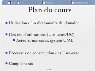 Dict.   U.C.        Process.        Compléments.


                    Plan du cours
   Utilisation d’un dictionnaire du domaine

   Des cas d’utilisations (Use-cases/UC)
      Acteurs, use-cases, system UML


   Processus de construction des Uses-case

   Compléments
                          3 /98
 