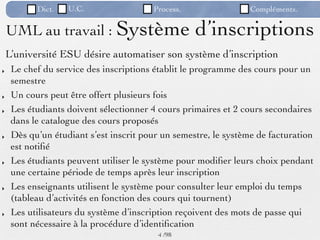 Dict.   U.C.                 Process.                 Compléments.

    UML au travail : Système                       d’inscriptions
    L’université ESU désire automatiser son système d’inscription
‣    Le chef du service des inscriptions établit le programme des cours pour un
     semestre
‣    Un cours peut être offert plusieurs fois
‣    Les étudiants doivent sélectionner 4 cours primaires et 2 cours secondaires
     dans le catalogue des cours proposés
‣    Dès qu’un étudiant s’est inscrit pour un semestre, le système de facturation
     est notiﬁé
‣    Les étudiants peuvent utiliser le système pour modiﬁer leurs choix pendant
     une certaine période de temps après leur inscription
‣    Les enseignants utilisent le système pour consulter leur emploi du temps
     (tableau d’activités en fonction des cours qui tournent)
‣    Les utilisateurs du système d’inscription reçoivent des mots de passe qui
     sont nécessaire à la procédure d’identiﬁcation
                                          4 /98
 