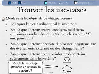 Dict.    U.C.              Process.   ✓2. U.C.    Compléments.


           Trouver les use-cases
Quels sont les objectifs de chaque acteur?
‣ Pourquoi l'acteur utiliserait-il le système?

‣ Est-ce que l'acteur créera, stockera, modiﬁera,
  supprimera ou lira des données dans le système? Si
  oui, pourquoi?
‣ Est-ce que l'acteur nécessite d'informer le système sur
  des événements externes ou des changements?
‣ Est-ce que l'acteur doit être informé de certains
  événements dans le système?
     Quels buts dois-je
  atteindre en utilisant le
         système?                           Acteur
                              35 /98
 