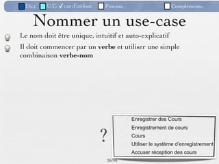 Dict.   U.C. ✓cas d’utilisat.   Process.                      Compléments.


    Nommer un use-case
Le nom doit être unique, intuitif et auto-explicatif
Il doit commencer par un verbe et utiliser une simple
combinaison verbe-nom




                                             Enregistrer des Cours



                                 ?
                                             Enregistrement de cours
                                             Cours
                                             Utiliser le système d’enregistrement
                                             Accuser réception des cours
                                 38 /98
 