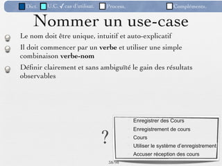Dict.   U.C. ✓cas d’utilisat.   Process.                      Compléments.


    Nommer un use-case
Le nom doit être unique, intuitif et auto-explicatif
Il doit commencer par un verbe et utiliser une simple
combinaison verbe-nom
Déﬁnir clairement et sans ambiguïté le gain des résultats
observables




                                             Enregistrer des Cours



                                 ?
                                             Enregistrement de cours
                                             Cours
                                             Utiliser le système d’enregistrement
                                             Accuser réception des cours
                                 38 /98
 