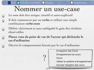 Dict.   U.C. ✓cas d’utilisat.   Process.                      Compléments.


    Nommer un use-case
Le nom doit être unique, intuitif et auto-explicatif
Il doit commencer par un verbe et utiliser une simple
combinaison verbe-nom
Déﬁnir clairement et sans ambiguïté le gain des résultats
observables
Placez vous du point de vue de l'acteur qui déclenche le
cas d'utilisation
Décrire le comportement fournit par le cas d'utilisation
                                             Enregistrer des Cours



                                 ?
                                             Enregistrement de cours
                                             Cours
                                             Utiliser le système d’enregistrement
                                             Accuser réception des cours
                                 38 /98
 