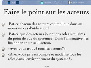 Dict.   U.C.         Process.   ✓2. U.C.   Compléments.



Faire le point sur les acteurs
 Est-ce chacun des acteurs est impliqué dans au
 moins un cas d'utilisation?
  Est-ce que des acteurs jouent des rôles similaires
 du point de vue du système? Dans l'afﬁrmative, les
 fusionner en un seul acteur.
 «Avez-vous trouvé tous les acteurs?»
 «Avez-vous pris en compte et modélisé tous les
 rôles dans l'environnement du système?»
                        50 /98
 