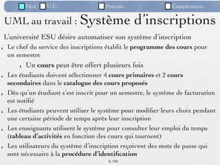 Dict.   U.C.               Process.                 Compléments.

    UML au travail : Système                       d’inscriptions
    L’université ESU désire automatiser son système d’inscription
‣    Le chef du service des inscriptions établit le programme des cours pour
     un semestre
         ‣   Un cours peut être offert plusieurs fois
‣    Les étudiants doivent sélectionner 4 cours primaires et 2 cours
     secondaires dans le catalogue des cours proposés
‣    Dès qu’un étudiant s’est inscrit pour un semestre, le système de facturation
     est notiﬁé
‣    Les étudiants peuvent utiliser le système pour modiﬁer leurs choix pendant
     une certaine période de temps après leur inscription
‣    Les enseignants utilisent le système pour consulter leur emploi du temps
     (tableau d’activités en fonction des cours qui tournent)
‣    Les utilisateurs du système d’inscription reçoivent des mots de passe qui
     sont nécessaire à la procédure d’identiﬁcation
                                          8 /98
 