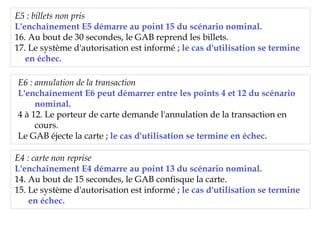 E5 : billets non pris
L'enchaînement E5 démarre au point 15 du scénario nominal.
16. Au bout de 30 secondes, le GAB reprend les billets.
17. Le système d'autorisation est informé ; le cas d'utilisation se termine
   en échec.

E6 : annulation de la transaction
L'enchaînement E6 peut démarrer entre les points 4 et 12 du scénario
     nominal.
4 à 12. Le porteur de carte demande l'annulation de la transaction en
     cours.
Le GAB éjecte la carte ; le cas d'utilisation se termine en échec.

E4 : carte non reprise
L'enchaînement E4 démarre au point 13 du scénario nominal.
14. Au bout de 15 secondes, le GAB confisque la carte.
15. Le système d'autorisation est informé ; le cas d'utilisation se termine
    en échec.
 