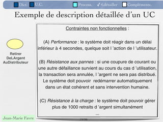 Dict.      U.C.                   Process.   ✓4.détailler   Compléments.

      Exemple de description détaillée d’un UC
                                   Contraintes non fonctionnelles :


                       (A) Performance : le système doit réagir dans un délai
                    inférieur à 4 secondes, quelque soit l ’action de l ’utilisateur.
   Retirer
 DeLArgent
AuDistributeur      (B) Résistance aux pannes : si une coupure de courant ou
                    une autre défaillance survient au cours du cas d ’utilisation,
                    la transaction sera annulée, l ’argent ne sera pas distribué.
                       Le système doit pouvoir redémarrer automatiquement
                        dans un état cohérent et sans intervention humaine.


                     (C) Résistance à la charge : le système doit pouvoir gérer
                           plus de 1000 retraits d ’argent simultanément
                                                 ...
Jean-Marie Favre                          79 /98
 