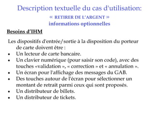 Description textuelle du cas d'utilisation:
              « RETIRER DE L’ARGENT » 
                  informations optionnelles
Besoins d’IHM
Les dispositifs d'entrée/sortie à la disposition du porteur
   de carte doivent être :
• Un lecteur de carte bancaire.
• Un clavier numérique (pour saisir son code), avec des
   touches «validation », « correction » et « annulation ».
• Un écran pour l'affichage des messages du GAB.
• Des touches autour de l'écran pour sélectionner un
   montant de retrait parmi ceux qui sont proposés.
• Un distributeur de billets.
• Un distributeur de tickets.
 