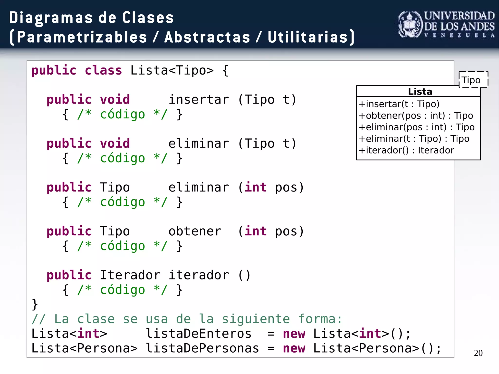 20
Diagramas de Clases
(Parametrizables / Abstractas / Utilitarias)
public class Lista<Tipo> {
public void insertar (Tipo t)
{ /* código */ }
public void eliminar (Tipo t)
{ /* código */ }
public Tipo eliminar (int pos)
{ /* código */ }
public Tipo obtener (int pos)
{ /* código */ }
public Iterador iterador ()
{ /* código */ }
}
// La clase se usa de la siguiente forma:
Lista<int> listaDeEnteros = new Lista<int>();
Lista<Persona> listaDePersonas = new Lista<Persona>();
 