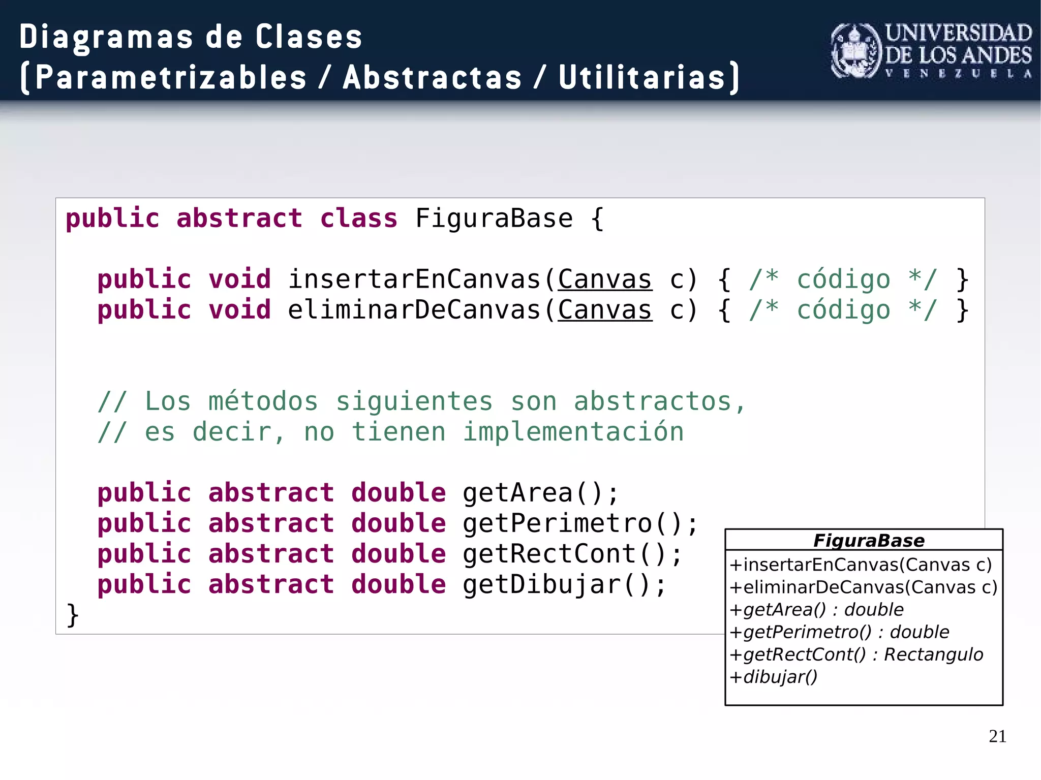21
Diagramas de Clases
(Parametrizables / Abstractas / Utilitarias)
public abstract class FiguraBase {
public void insertarEnCanvas(Canvas c) { /* código */ }
public void eliminarDeCanvas(Canvas c) { /* código */ }
// Los métodos siguientes son abstractos,
// es decir, no tienen implementación
public abstract double getArea();
public abstract double getPerimetro();
public abstract double getRectCont();
public abstract double getDibujar();
}
 